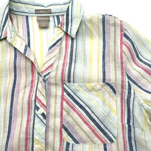 CHICO'S Womens 2 Large Pastel Rainbow Stripe Shirt 100% Linen No Iron 3/4 Sleeve